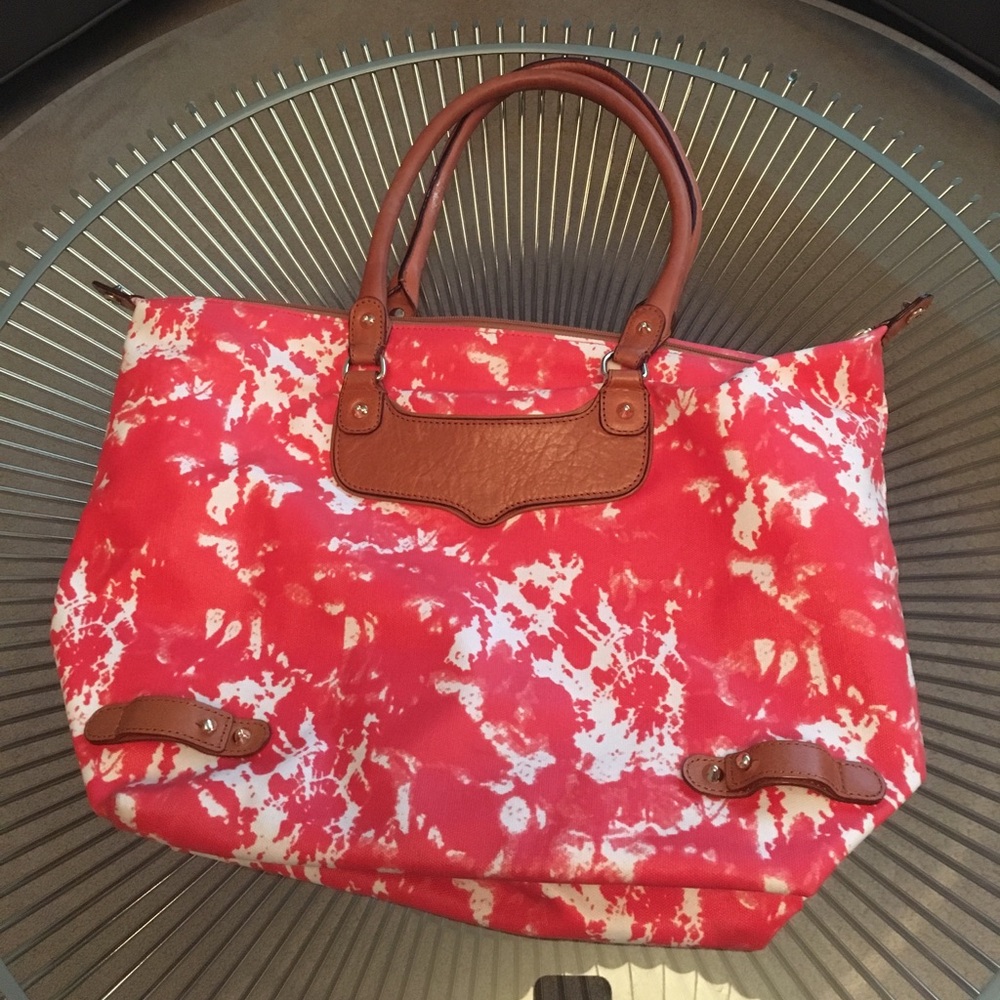 Rebecca Minkoff Red and White Tie-Dye Canvas Tote with Brown Trim - EUC